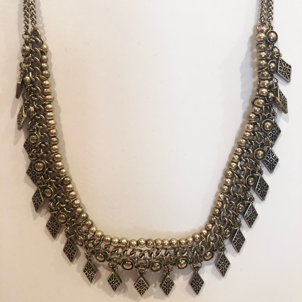 Antique-Style Silver Tone Beaded Fringe Necklace